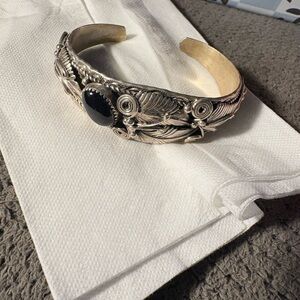 Silver Cuff Bracelet with Black Stone